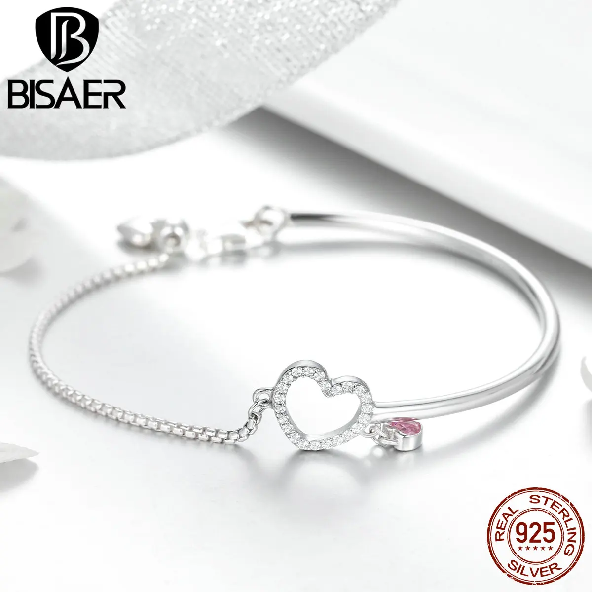 BISAER, 925 пробы, серебряная цепочка, звено, сердце, браслеты, Pulseira, прозрачный CZ, сердце, цепочка с застежкой-лобстер, женский браслет, хорошее ювелирное изделие ECB117