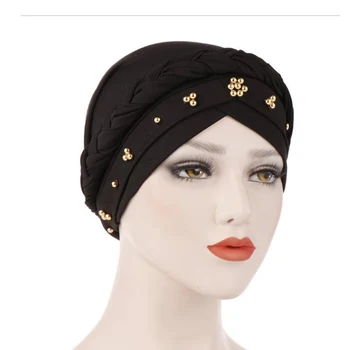 

Casual Women's Beads Braid Single Pearl Whip Turban Hat Cap Muslim Hat Elastic Cotton Bandanas Chemo Hats Headscarf Bonnet femme