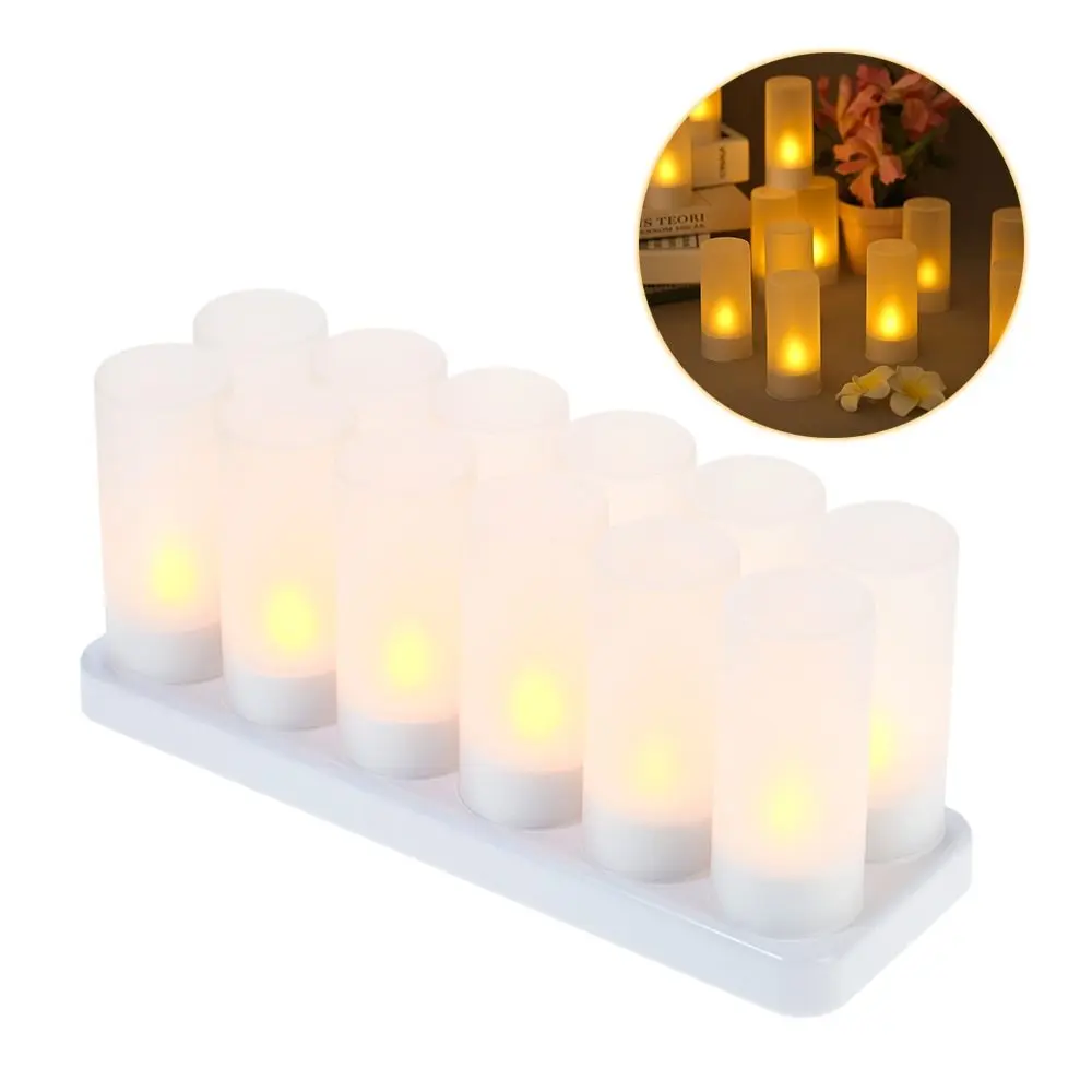 

12pcs New Year Rechargeable LED Flickering Flameless Candles Tealight Candles Light with Frosted Cup Charging Base Yellow Light