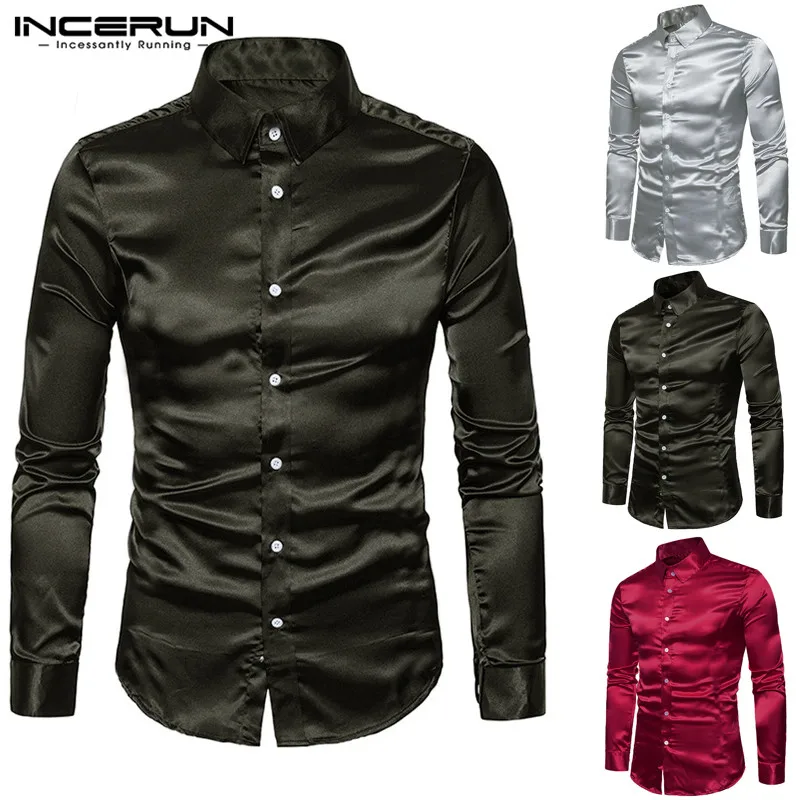 Fashion Silk Satin Dress Men Shirt Long Sleeve Formal Chemise Hombre ...