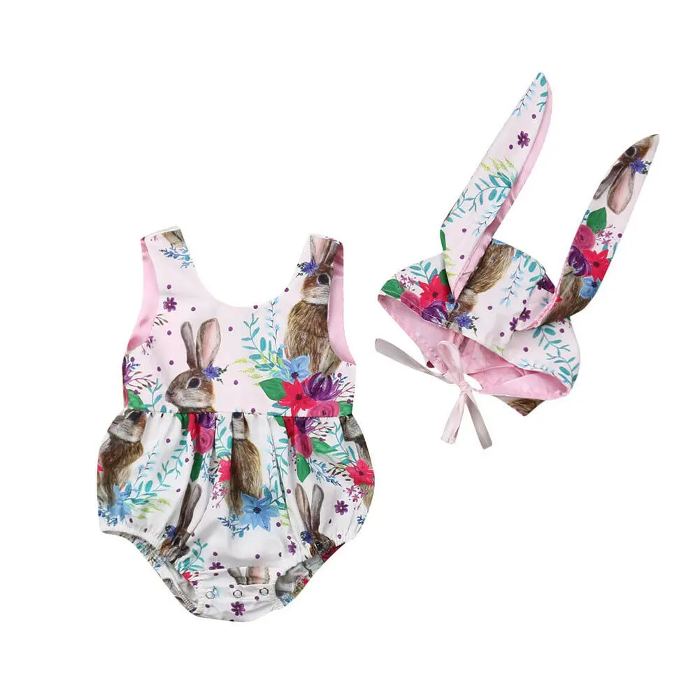 

Pudcoco Newborn Easter Rabbit Baby Girl Bodysuit+Bunny Ear Hat Outfits Clothes