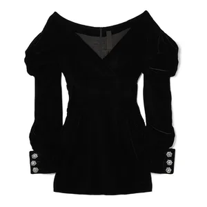 Image 4 - Женское мини платье CHICEVER, черное облегающее платье с открытыми плечами, v образным вырезом, пышными рукавами и высокой талией, Модная элегантная одежда