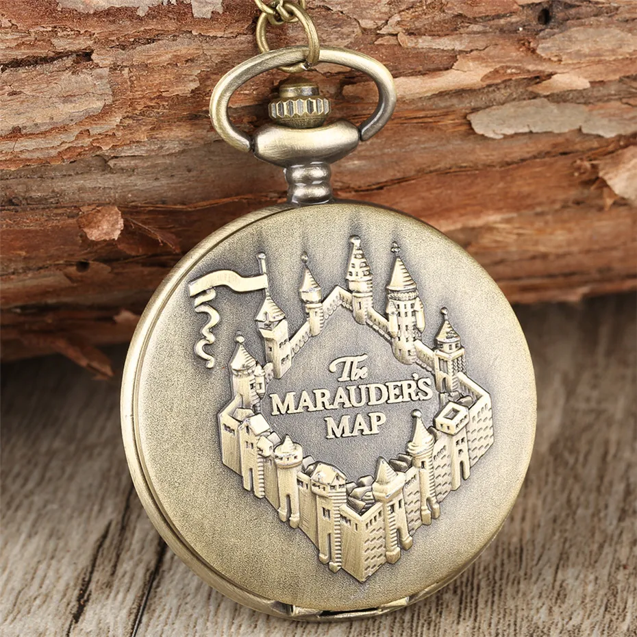 

Steampunk Bronze The Marauders Map Design Pocket Watch Quartz Retro Pendant Watch with Fob Necklace Chain Unisex Clock Gifts