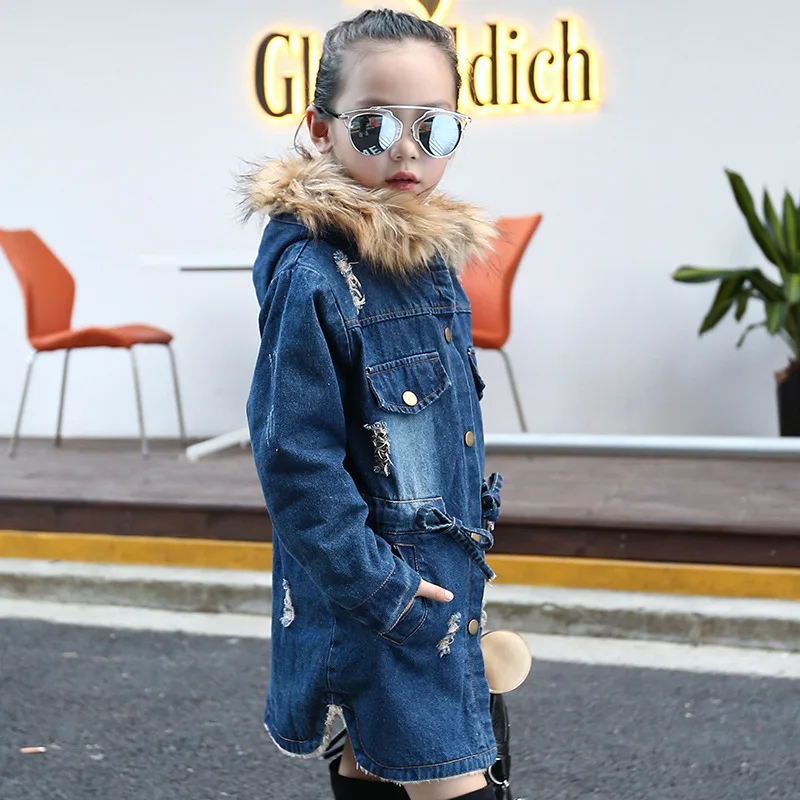 Новая зимняя теплая куртка, вельветовое пальто с дырками для девочек хлопковая детская джинсовая одежда толстая Детская куртка с меховым капюшоном, От 6 до 14 лет