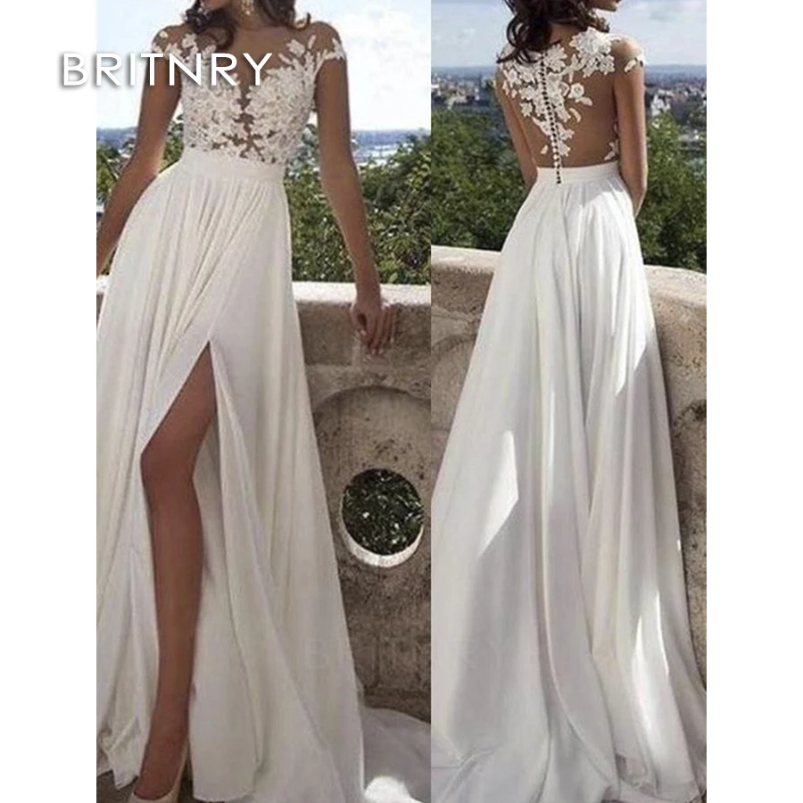 

BRITNRY 2019 New Beach Lace Appliques Bride Dress Cap-Sleeves Slit Side Buttons White/Ivory Wedding Dresses vestido de noiva