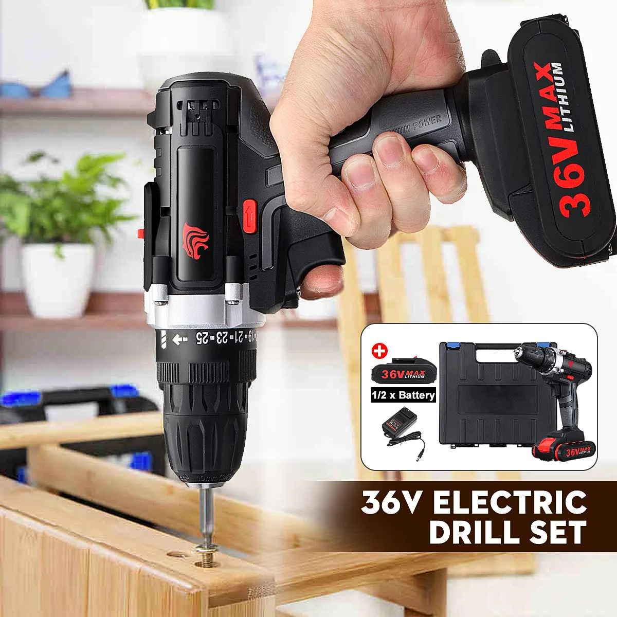 

36V Electric Cordless Drill Hammer Daul Speed Adjustment LED lighting Electric Drill Household Drill Tools set