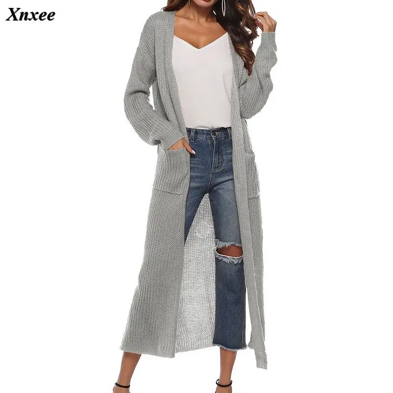 

2019 New Spring Autumn Women's long-sleeved Knitwear Kimono warm Cardigans Solid Color Knitted Outerwear Pockets