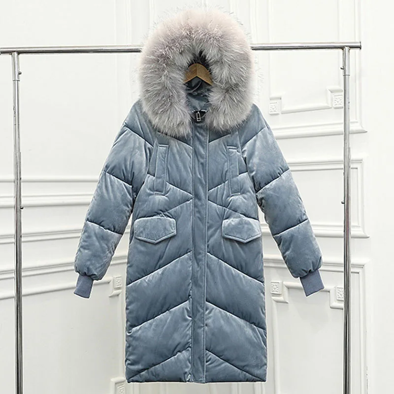 Velvet Down Jacket Female Winter Big Fur Collar Parka Korean Slim Large Code Coat For Ladies Loose Long Winter Jacket Women