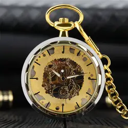 Открытое лицо Механические карманные часы ручной обмотки кулон карманные часы для Для мужчин Для женщин золото и серебро Скелет Винтаж