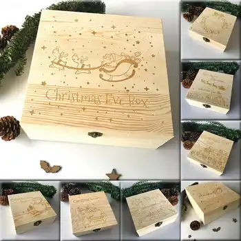 

Christmas Eve Gift Box Wooden Engraved Home Storage Box Snowman Santa Claus and Elk Apples Casket Jewelry Case Childrens Gifts