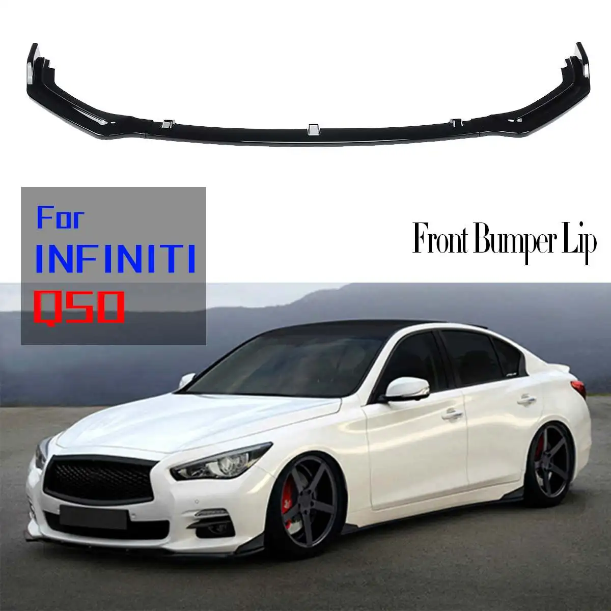 

3pcs Car Spoiler Front Bumper for Infiniti Q50 2018 Base Mode Only Gloss Black Anti-collision Exterior Parts Chin Lip Spoiler