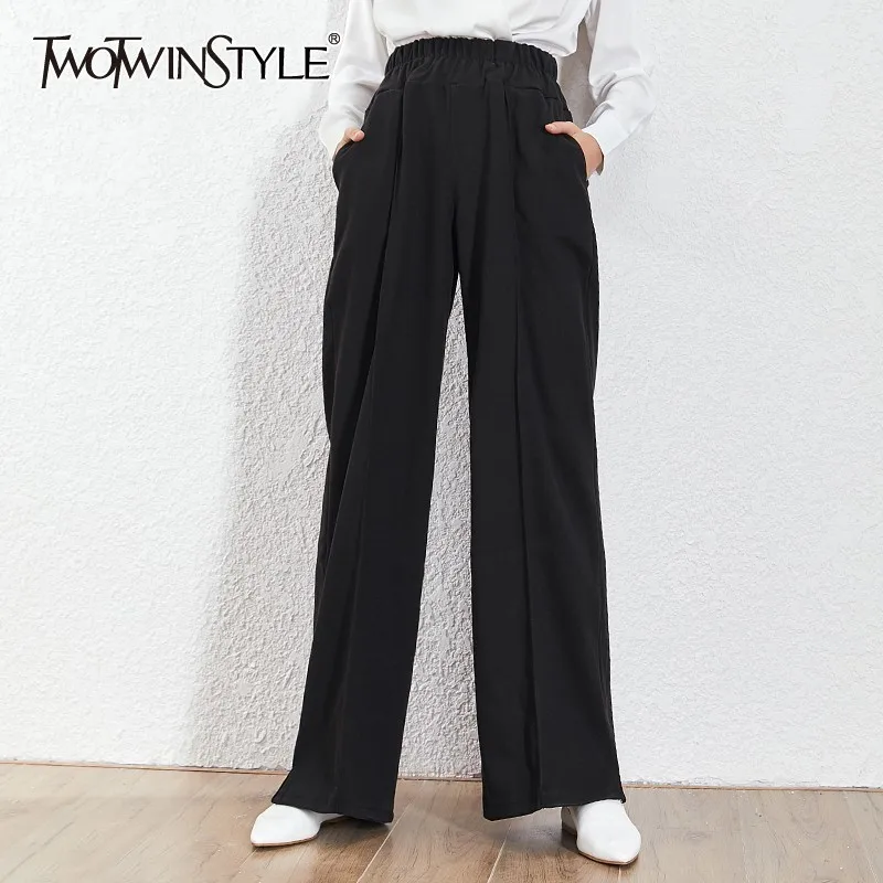 

TWOTWINSTYLE Black Wide Leg Trousers For Women High Waist Loose Long Elastic Pants Female Korean Fashion 2019 Spring New Tide