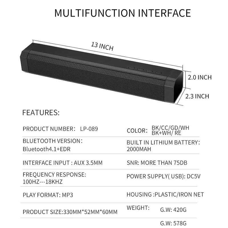 Bluetooth динамик Саундбар сабвуфер беспроводной динамик Lp-089 Бумбокс с TF AUX для телефона компьютера ПК MP3 динамик