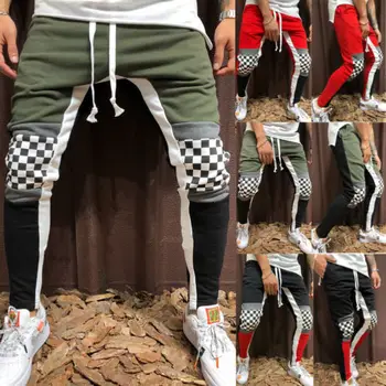 

Casual Men Gym Slim Patchwork Trousers Tracksuit Bottoms 2019 New Stiped Plaid Skinny Joggers Sweat Long Pencil Pants M-2XL