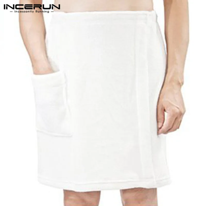 

INCERUN 2019 Bathrobes Men Bath Towel Skirts Pockets Elastic Waist Blanket Solid Color Soft Shower Beach Bath Skirts Men S-5XL