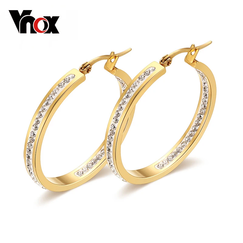 

Vnox large crystal hoop earrings for women female wedding jewelry gold-color stainless steel