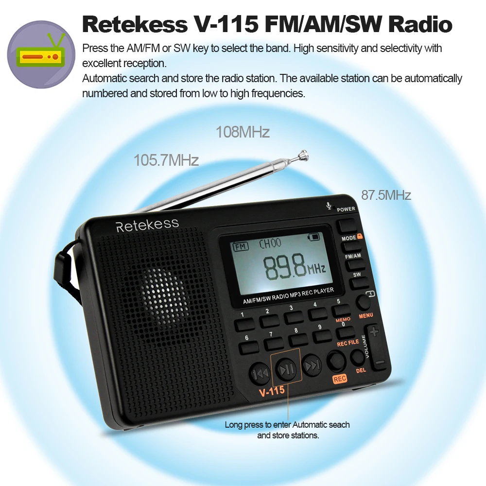 Retekess V 115 FM/AM/SW радио многодиапазонный радиоприемник REC рекордер мини бас звук MP3