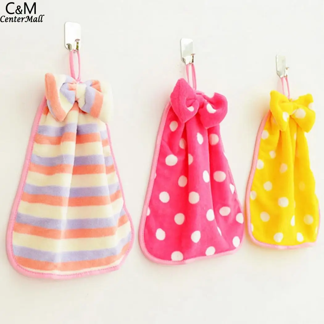 

Towel Coral Dot Velvet Casual Cloth Kitchen Cleaning Absorbent Bow-knot Hand Stripe Hanging
