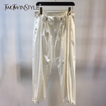 

TWOTWINSTYLE Casual Loose Women Pants High Waist Drawstring White Female Trousers Korean Spring 2020 Fashion Large Size