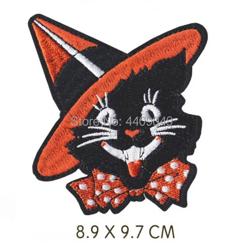 Iron on Black Cat Halloween Applique Patch Witch/'s Hat