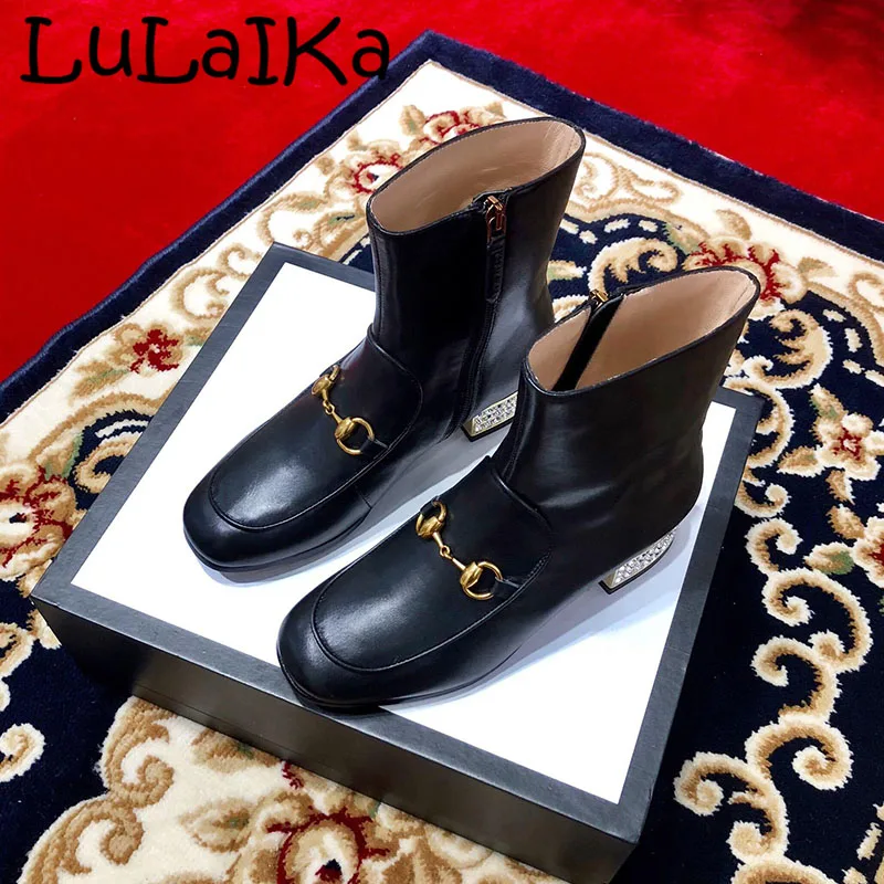 

Brands Genuine Leather Woman Boots Sexy Solid Color Round Head Ankle Boots Zipper Glitter Elegant Lady Low Heel Shoes