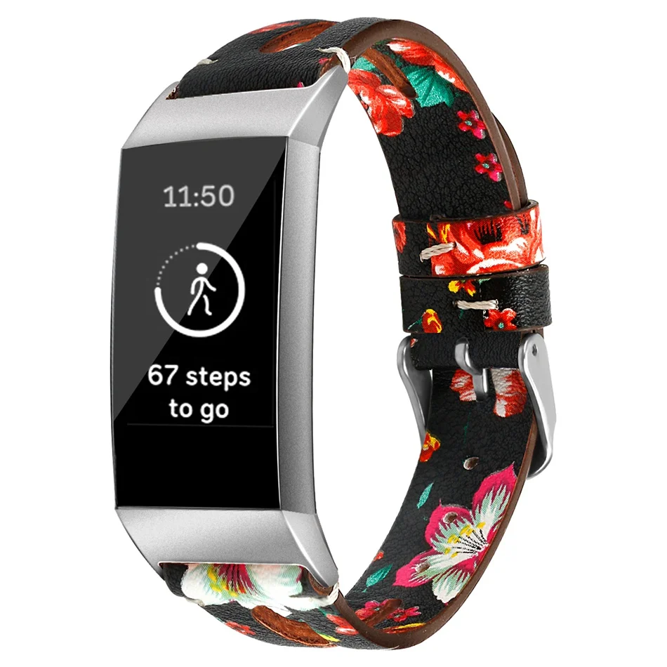 Ремешок для Fitbit Charge 3 замена для умных часов кожаный браслет для мужчин женщин Смарт-часы аксессуары цветочный узор