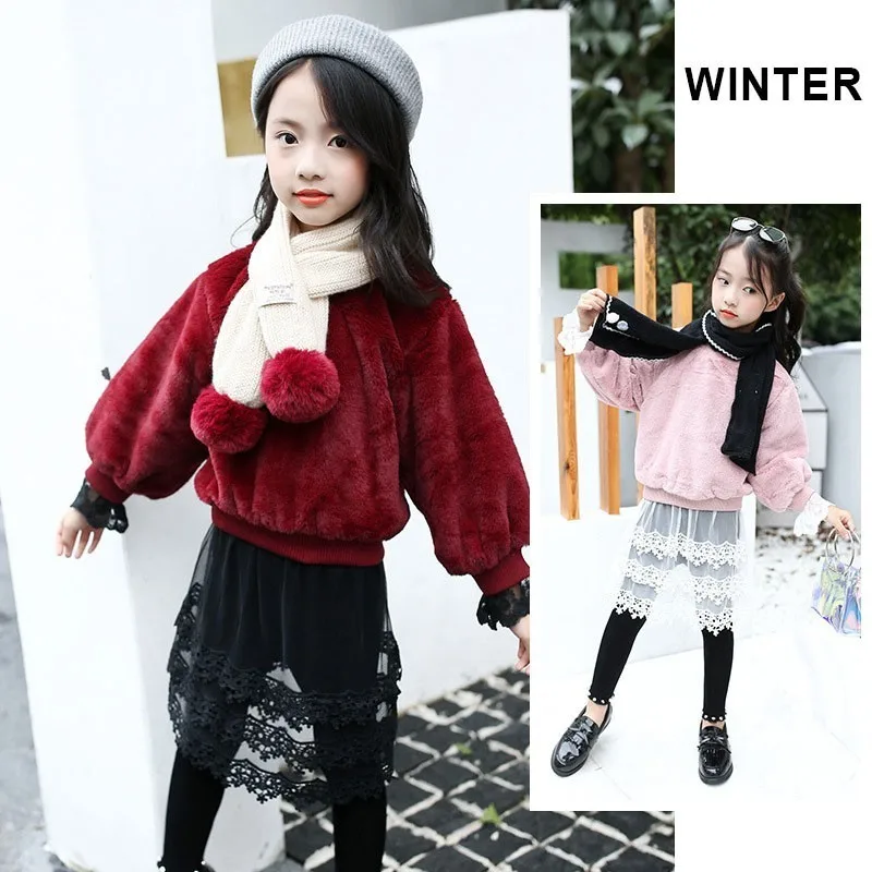 

Faux Fur Teenage Girls Dress Long Sleeve Tutu Lace Pachwork Princess Dresses For Girl Elegant Toddler Kids Winter Autumn Clothes
