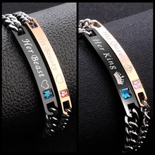 2 Pc/Set Rainha Rei Pedra Mulheres Homem de aço Inoxidável Cadeia de Cristal pulseira Pulseira Casal Pulseira para Os Homens jóias estalo hombres