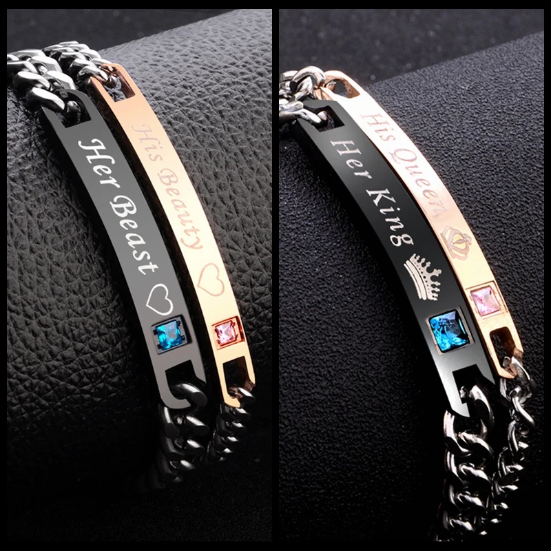 2pc Set His Queen Her King Black Rose Gold Color Women's Male Chain Crystal Couple Bracelet for Men snap jewelry bracelet femme 2pc Set His Queen Her King Black Rose Gold Color Women's Male Chain Crystal Couple Bracelet for Men snap jewelry bracelet femme