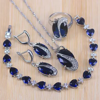 

Sliver Color Costume Jewelry Sets For Women Bracelets/Necklace/Pendant/Rings/Drop earrings Engagement Set With Blue Stones