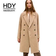 HDY haoduoyi простой темперамент базовые пальто флип воротник двубортный верблюжий длинное пальто