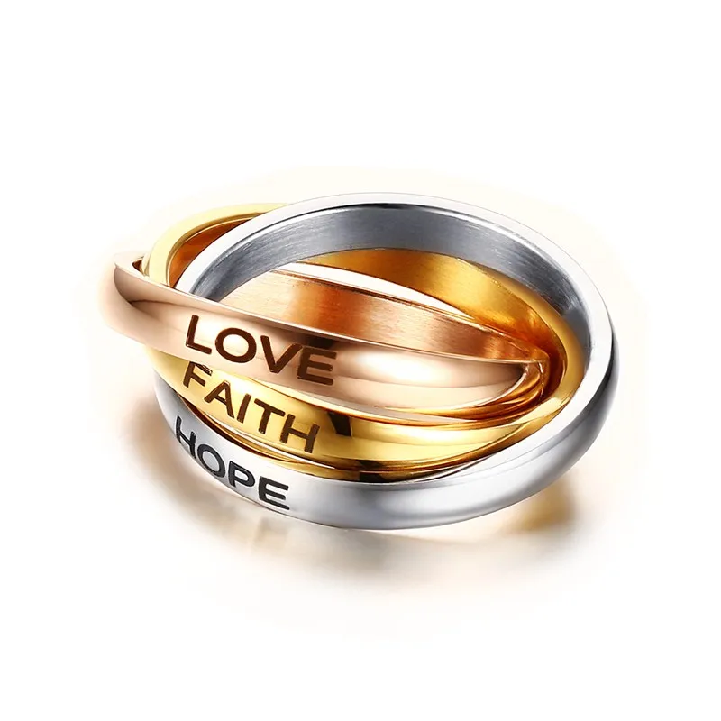 

Beauty Women Rings 3MM Stainless Steel Tri color Triple Interlocked Rolling Ring Wedding Band Laser LOVE HOPE FAITH Jewelry
