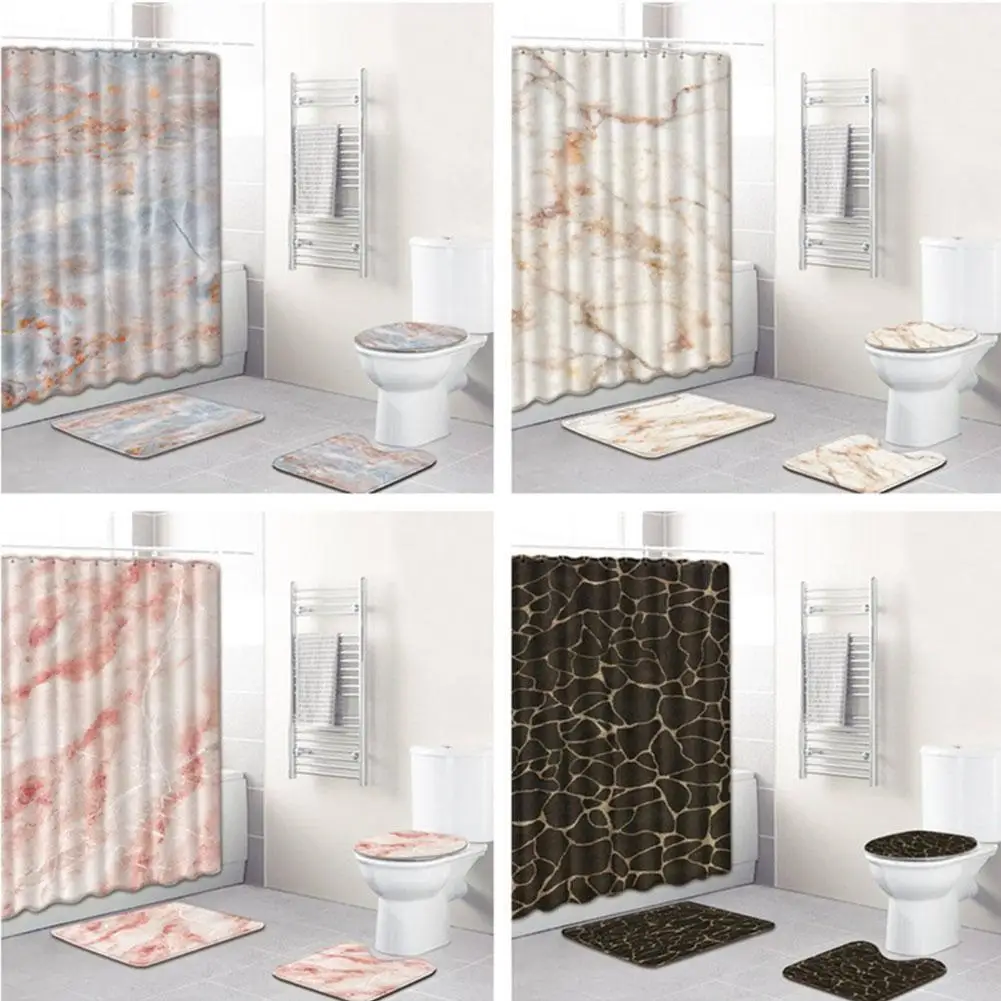 

Adeeing 4pcs/set Marble Grain Printing Shower Curtain Water Absorption Nonslip Mat Rug Cover Set