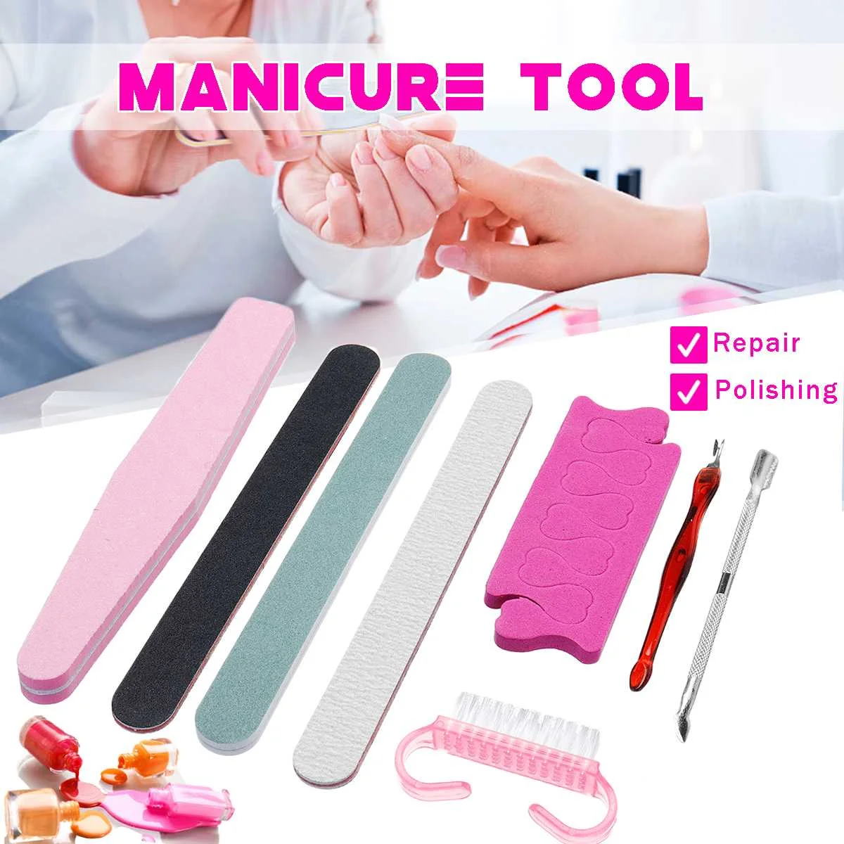 

Nail Manicure Set Art Care Sanding Buffer Buffing Repairing Steel Push Tool Rough/Polishing/Sanding Strip Sponge Finger Splitter