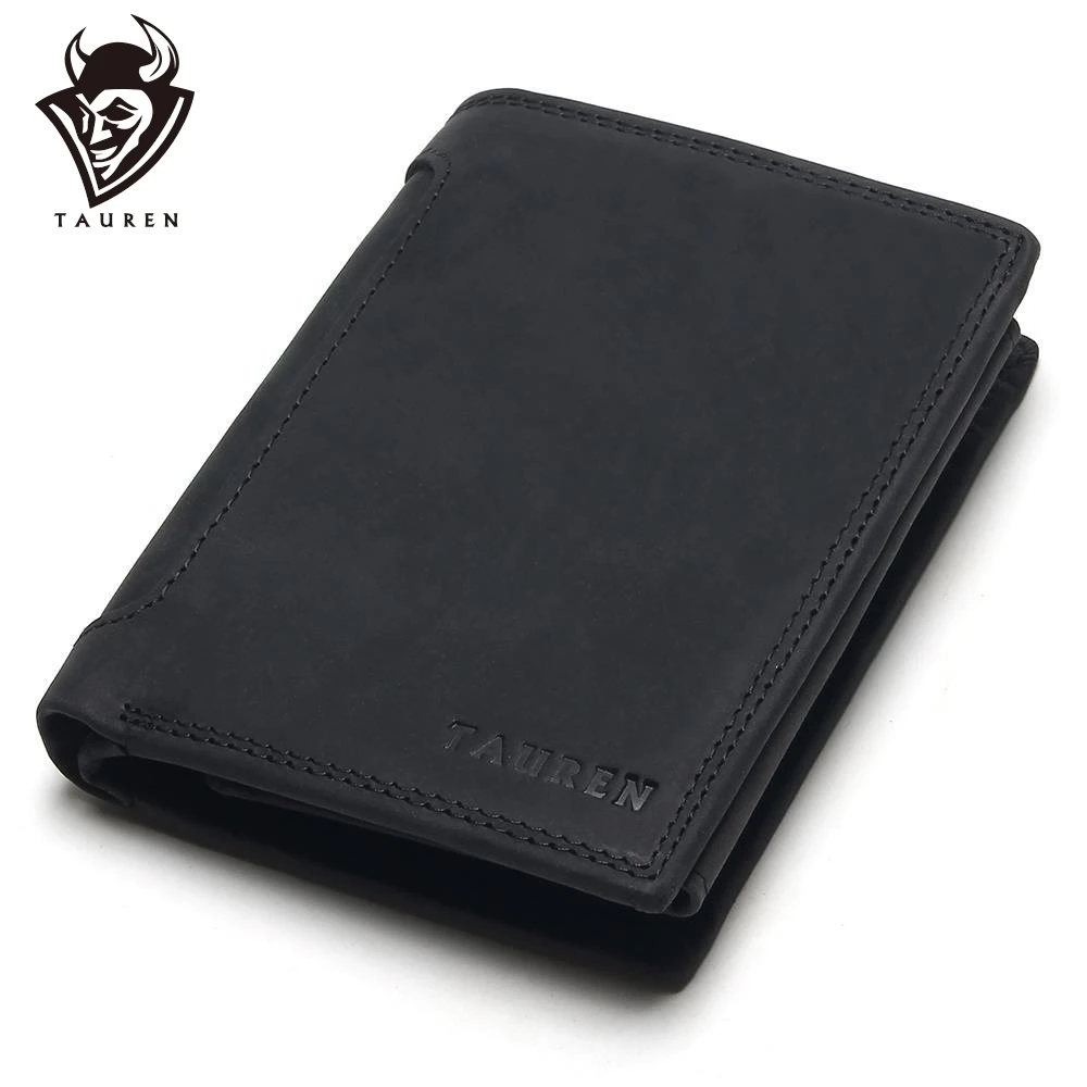 

TAUREN Designer 100% Genuine Leather Cowhide Dark/Black Crazy Horse Men Short Wallet Purse Card Holder Coin Pocket Male Wallets