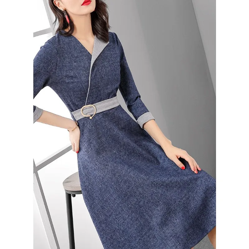 

Female Spring Fashion Denim Dress Women Elegant Three Quarter Sleeve Midi Dress Office Lady Ol Work Wear A-Line Office Dress