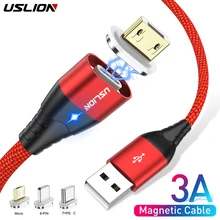 Магнитный кабель USLION Micro USB Type C для iPhone XS Max XR Samsung S10 3A кабель для быстрой зарядки Type-C Магнитный кабель для зарядки 1 м 2 м