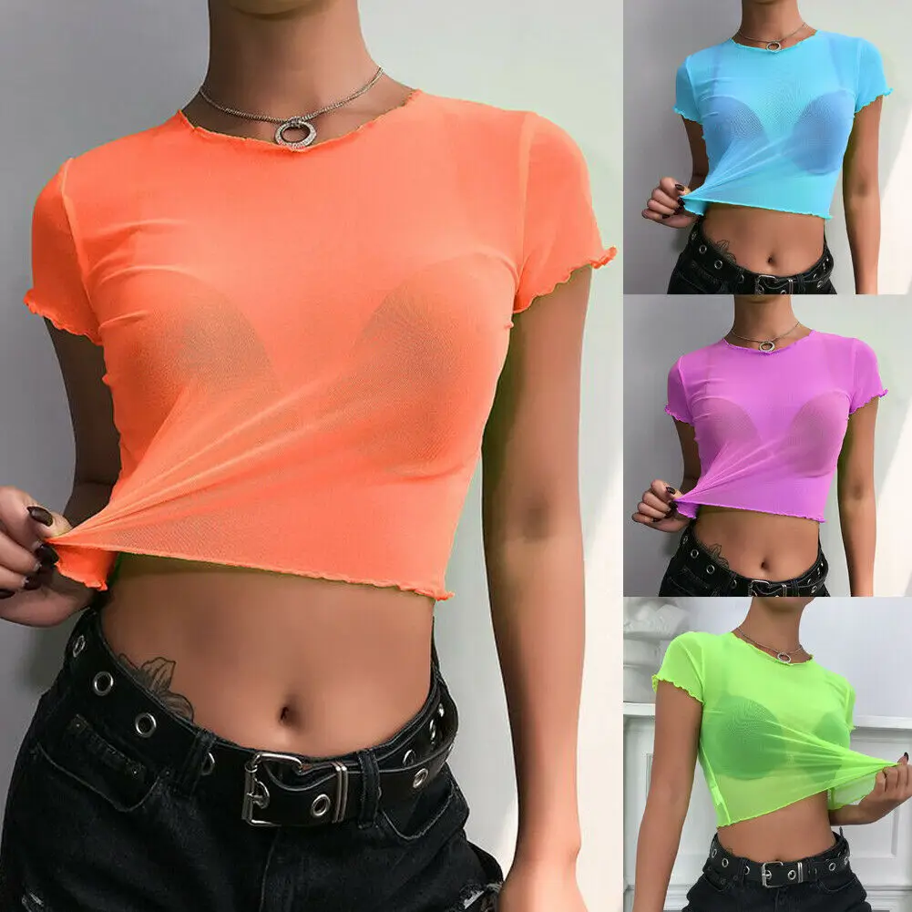 

Women Short Sleeve Slim T Shirts Fashion Ladies Summer Mesh See-through Crop Tops T-shirt