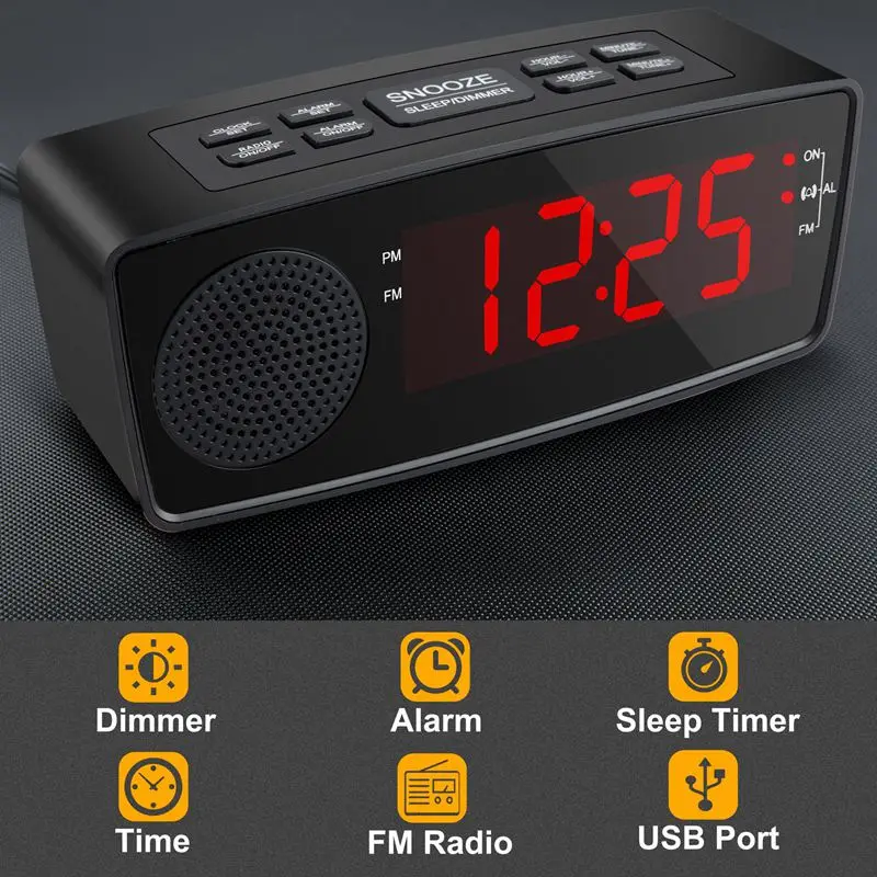 

Clock Radios,Digital Fm Alarm Radio Clock Usb Charging Port,Led Display,Dimmer,Sleep Timer,Snooze Battery Backup Bedrooms
