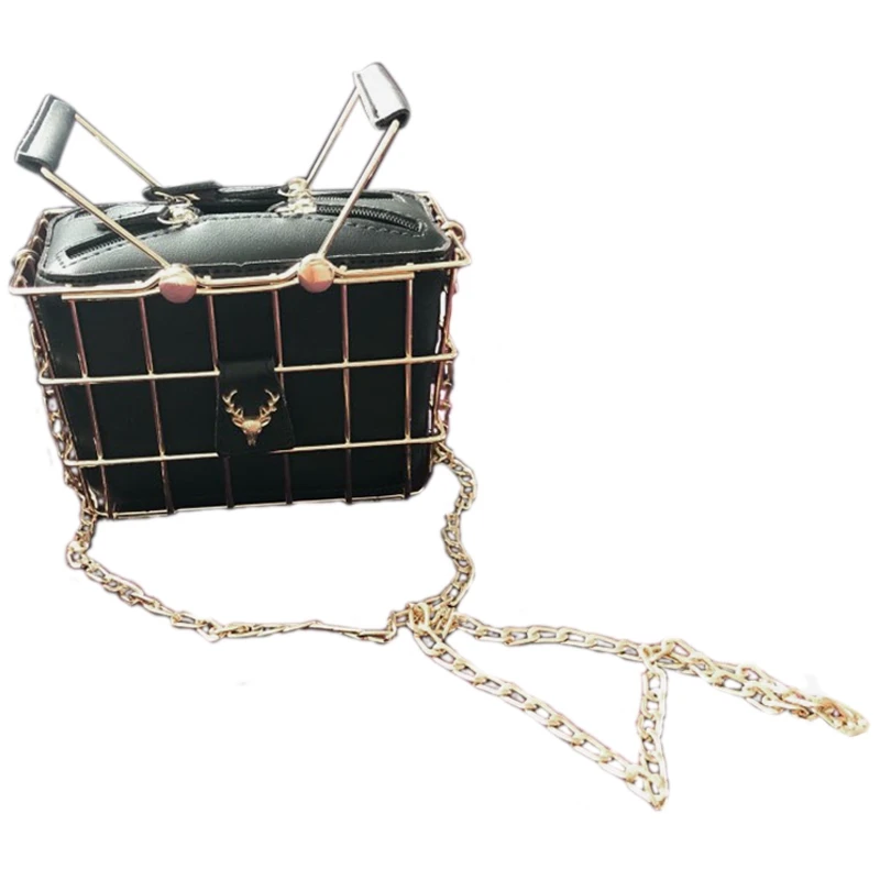 

Fashion Designer Women Handbags New High-Quality PU Leather Women Bag Iron Basket Square Bag Chain Shoulder Messenger Bag(Blac