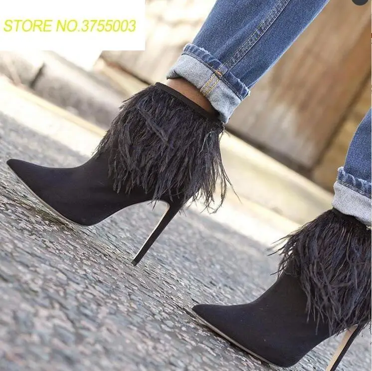 

Spring Fashion Suede Leather Women Feather Ankle Boots Sexy Pointed Toe Ladies High Heel Boots Zipper Back Knight Style Boots