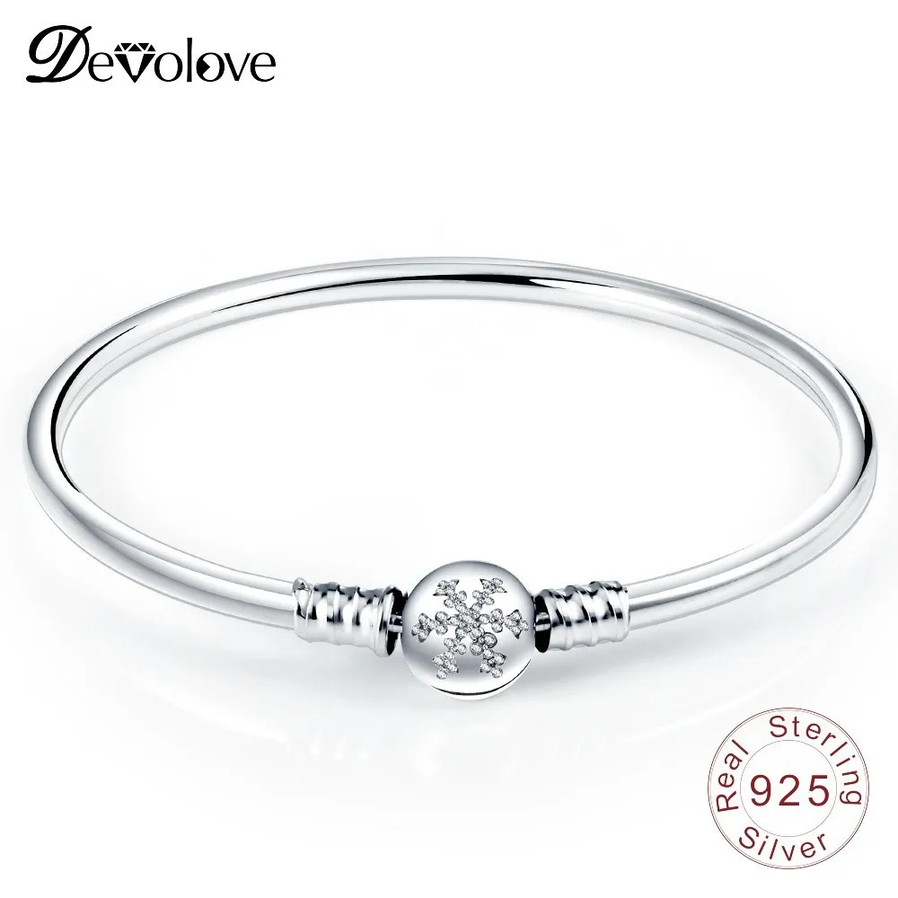 

DEVOLOVE Classic Bangles Authentic 925 Sterling Silver Snowflake With Clear CZ Clasp Bangle Bracelets For Women Jewelry Gifts