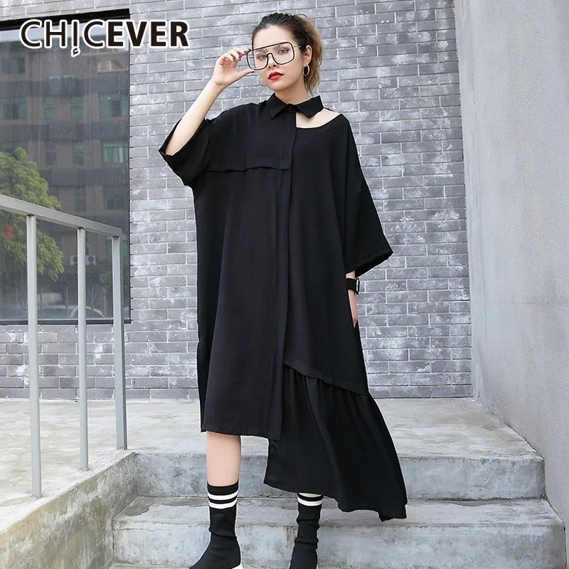 

CHICEVER Patchwork Dresses For Women Lapel Hollow Out Half Sleeve Loose Asymmetric Hem Black Dress Casual Clothes New