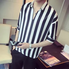 Летняя мужская облегающая Модная рубашка с v-образным вырезом, полосатая рубашка с коротким рукавом, мужская рубашка 7 цветов, Большие Размеры M-2XL