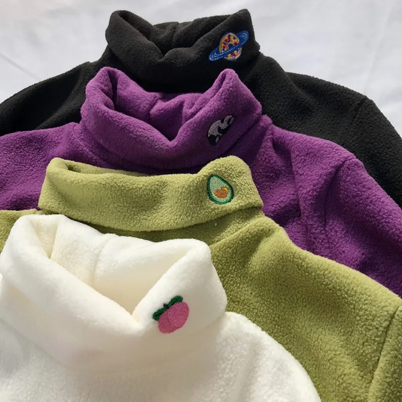 

2018 New Turtleneck Chic Peach Embroidery T shirt Women Panda Avocado Cute Harajuku Kawaii Top College Outfit Soft Aesthetic 90s
