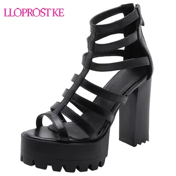 

Lloprost ke 11 cm Thick High Heels PU Leather Platform Punk Back Zipper Gladiator Open Toe Ladies Dress Sandals Black H311