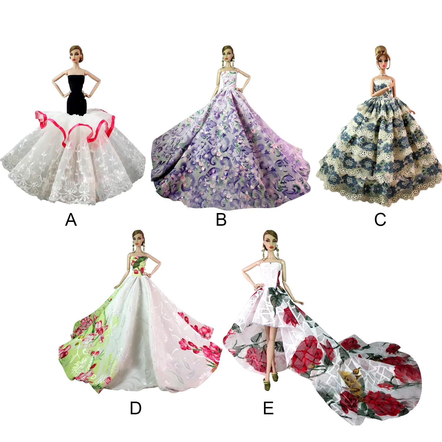 Besegad Mini Girl Doll Long Lace Gauze Dresses Evening Princess Gown Wedding Embroidered Clothes Accessories for Barbie Toy