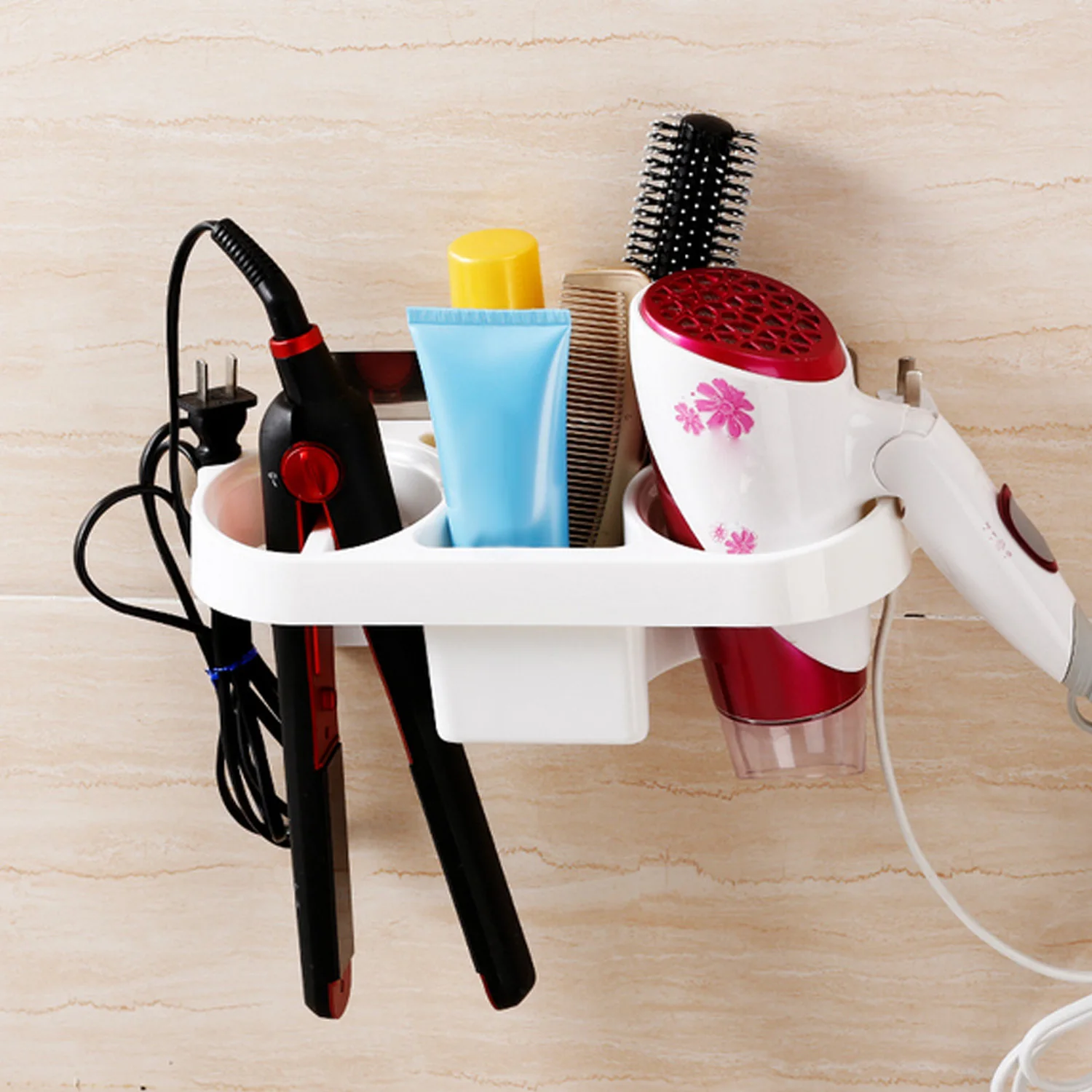 Behogar الحفر خالية PP جدار جبل مجفف الشعر تخزين حامل المنظم الرف رف للحمام فرشاة الأسنان فراشي شعر معجون الأسنان