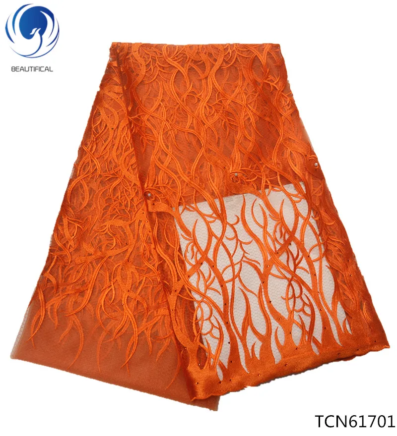 

BEAUTIFICAL french lace fabric with rhinestone Embroidered orange african tulle lace fabrics for wedding dress 5yards/lot TCN617