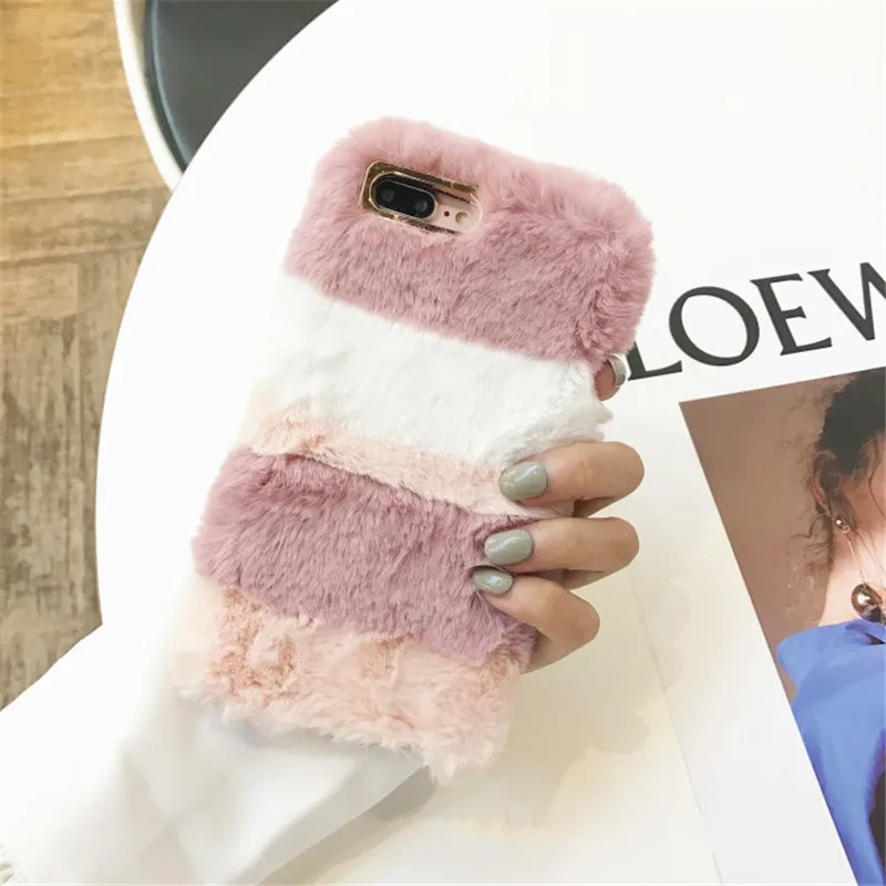 

Luxury Warm Cute Rabbit Fur Plush Phone Case For iPhone 6sP 7P 8Plus Cute Furry Soft TPU Back Cover For iPhone XS Velvet Cover